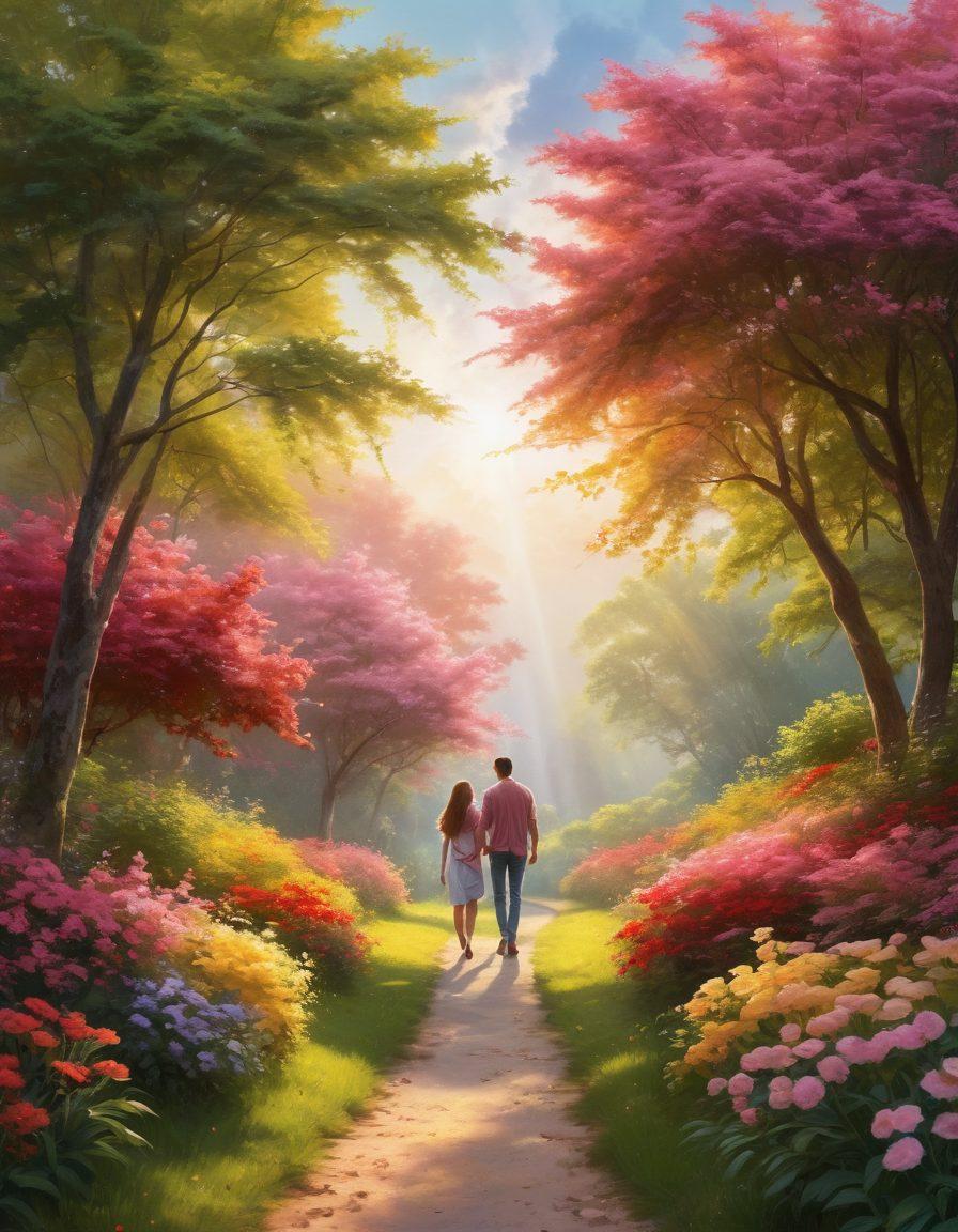 A serene pathway lined with blooming flowers symbolizing love and affection, with a gentle sunlight filtering through lush green trees. Two silhouettes of people are enjoying a peaceful stroll, radiating warmth and happiness. The background features soft clouds and a hint of a rainbow, embodying contentment and serenity. super-realistic. vibrant colors. warm tones.