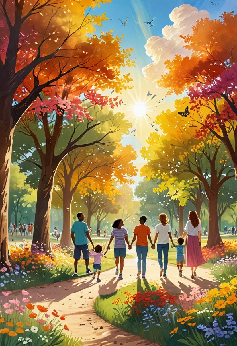 A serene scene depicting a diverse group of people in a sunlit park, sharing laughter and joy while engaging in various acts of kindness, like volunteering and hugging. Surround them with vibrant flowers and trees representing love and gratitude, with soft rays of sunlight illuminating their smiles. Include symbols of love, such as heart-shaped clouds and colorful butterflies fluttering around. whimsical illustration. warm colors. soft-focus.